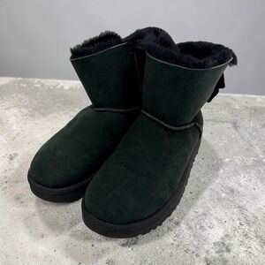 Women's UGG Gita Bow Mini Black Suede Sheepskin Ankle Boots Winter Cozy Comfy